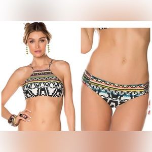 BECCA *Primitive Journey* tribal print strappy hi neck bikini top & bottom L